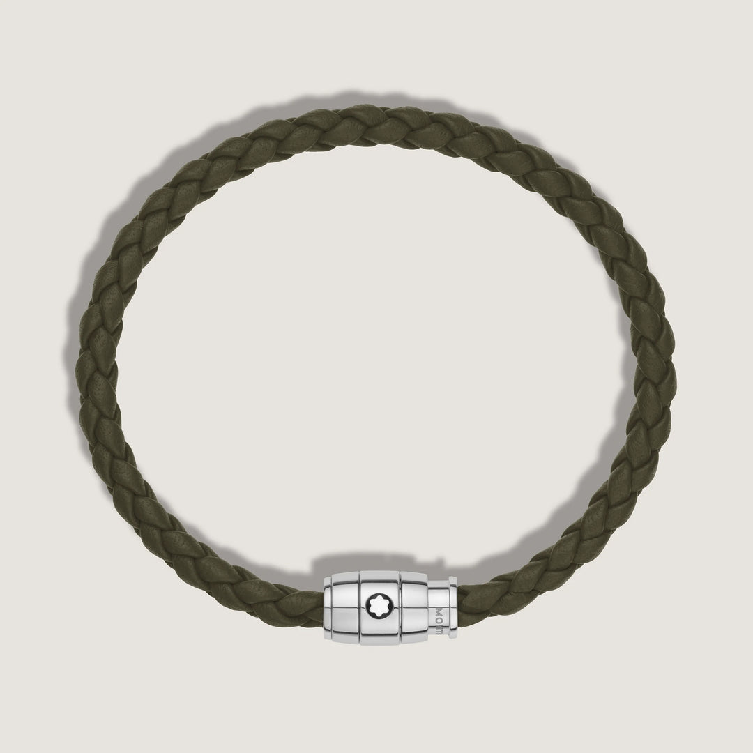 Montblanc bracciale in acciaio a 3 anelli e pelle Meisterstück Kaki misura L 13600568