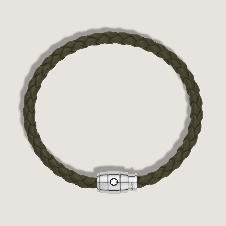 Montblanc bracciale in acciaio a 3 anelli e pelle Meisterstück Kaki misura L 13600568