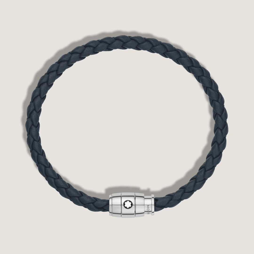 Montblanc bracciale in acciaio a 3 anelli e pelle Meisterstück Blu avio misura S 13601260