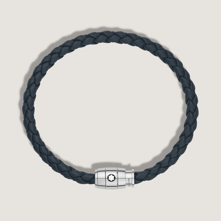 Montblanc bracciale in acciaio a 3 anelli e pelle Meisterstück Blu avio misura M 13601363