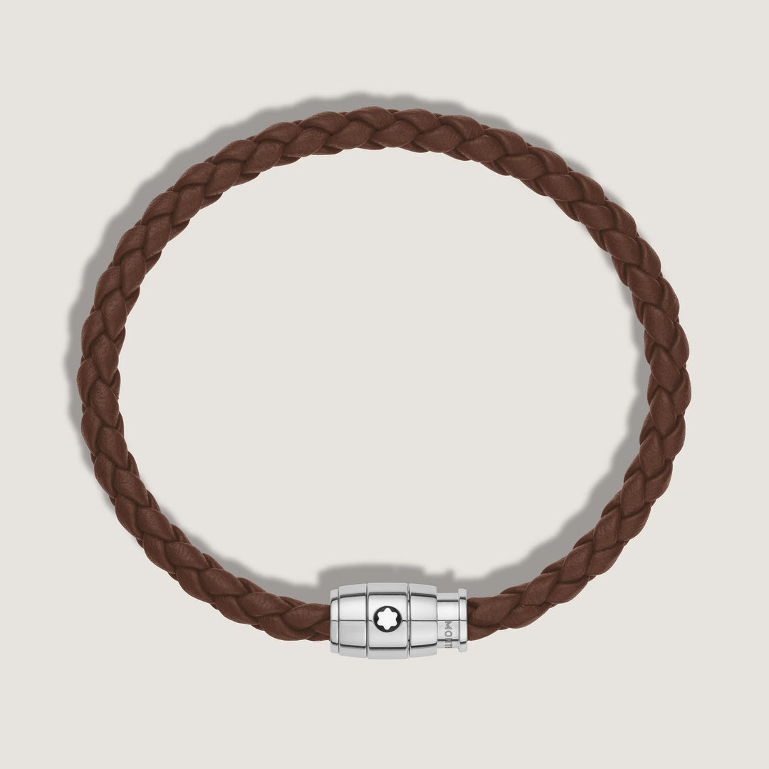 Montblanc bracciale in acciaio a 3 anelli e pelle Meisterstück Marrone Fulvo misura S 13600060