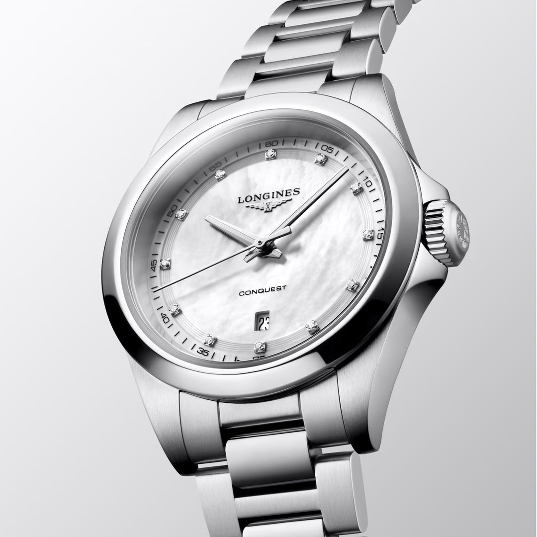 Longines orologio Conquest 30mm madreperla diamanti quarzo acciaio L3.350.4.87.6