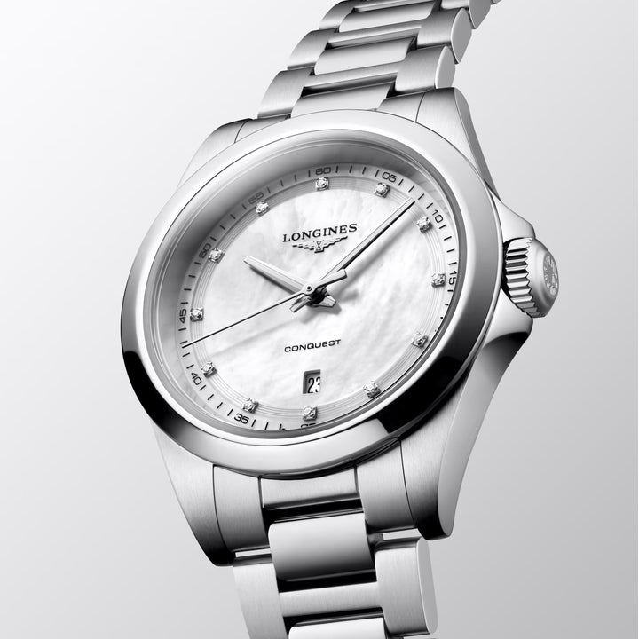 Longines orologio Conquest 30mm madreperla diamanti quarzo acciaio L3.350.4.87.6