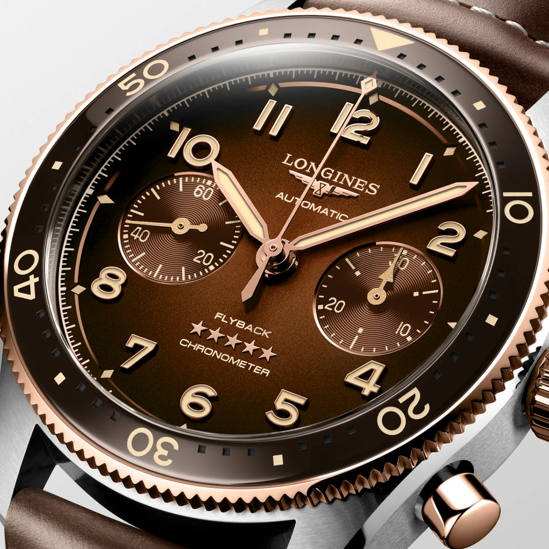 Longines orologio Spirit Flyback 42mm marrone automatico acciaio e oro rosa 18kt L3.821.5.59.2