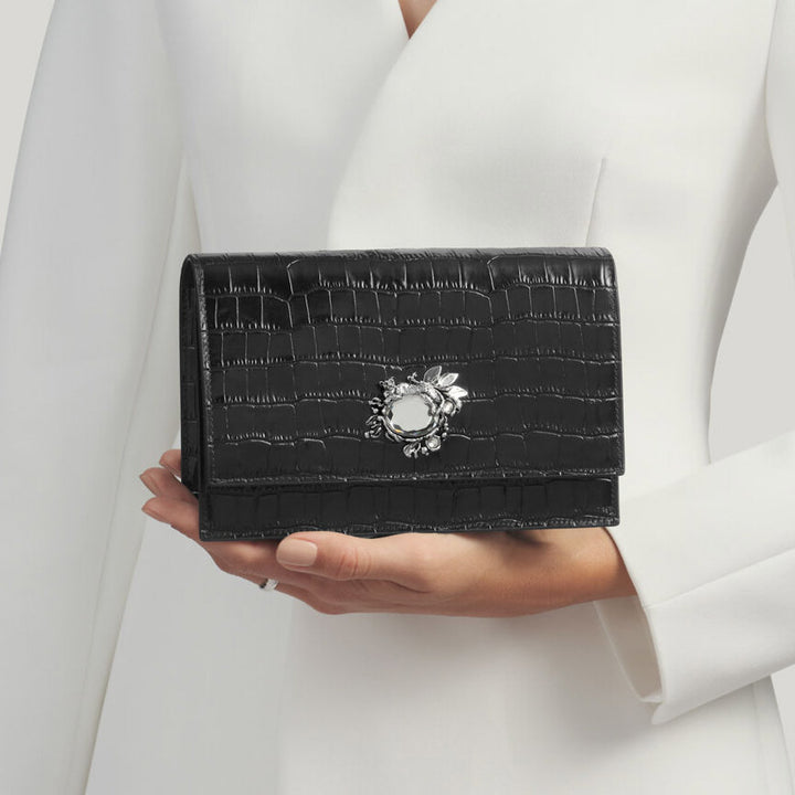 Giovanni Raspini pochette jungle pelle croco nera bronzobianco L0027