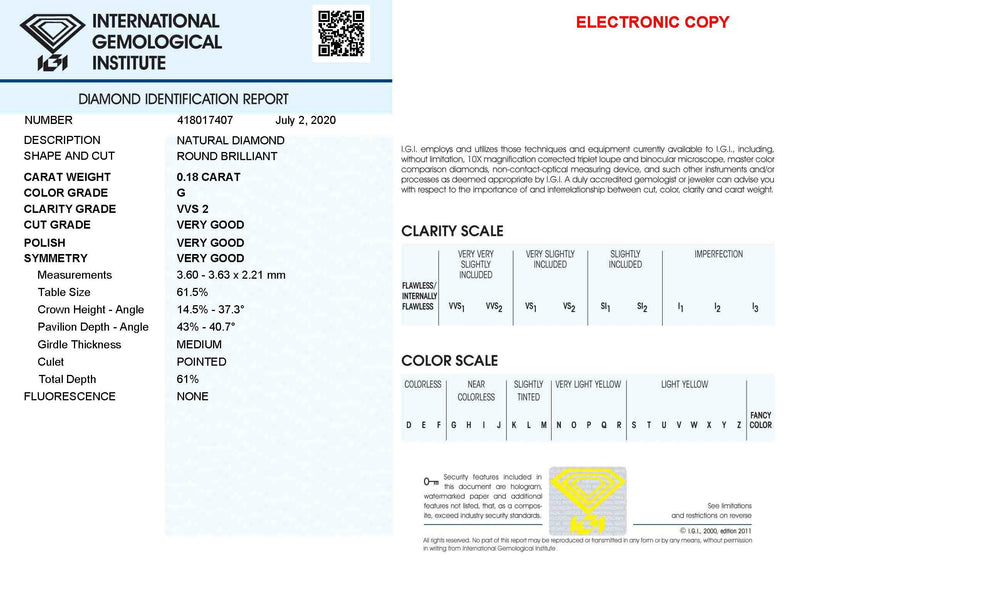 IGI diamante in blister certificato taglio brillante 0,18ct colore G purezza VVS 2 - Capodagli 1937