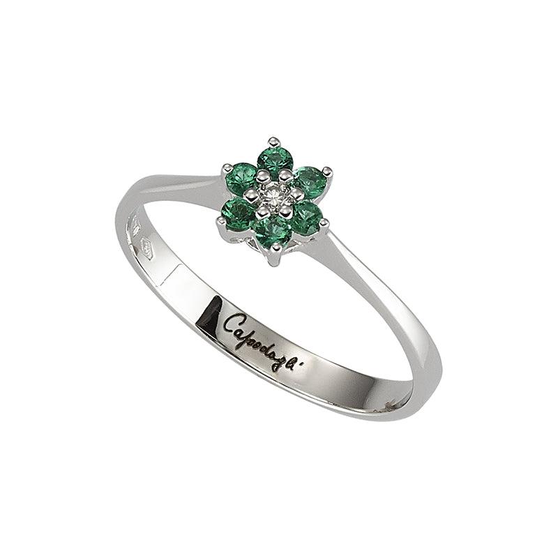 Capodagli anello a fiore Flores oro bianco 18kt diamanti 0,03ct smeraldi 0,14ct 0130-2A - Capodagli 1937