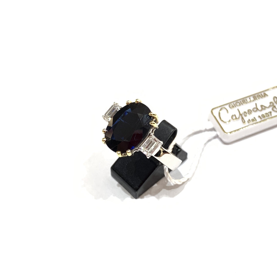 Capodagli anello oro bianco 18kt Zaffiro 5,05ct Diamanti taglio Baguette - Gioielleria Capodagli