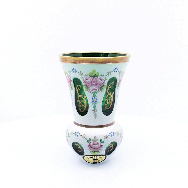 Crystal BOHEMIA Czecoslovakia bicchiere cristallo opalino verde con decori floreali e finiture dorate A-S1819-1 - Gioielleria Capodagli