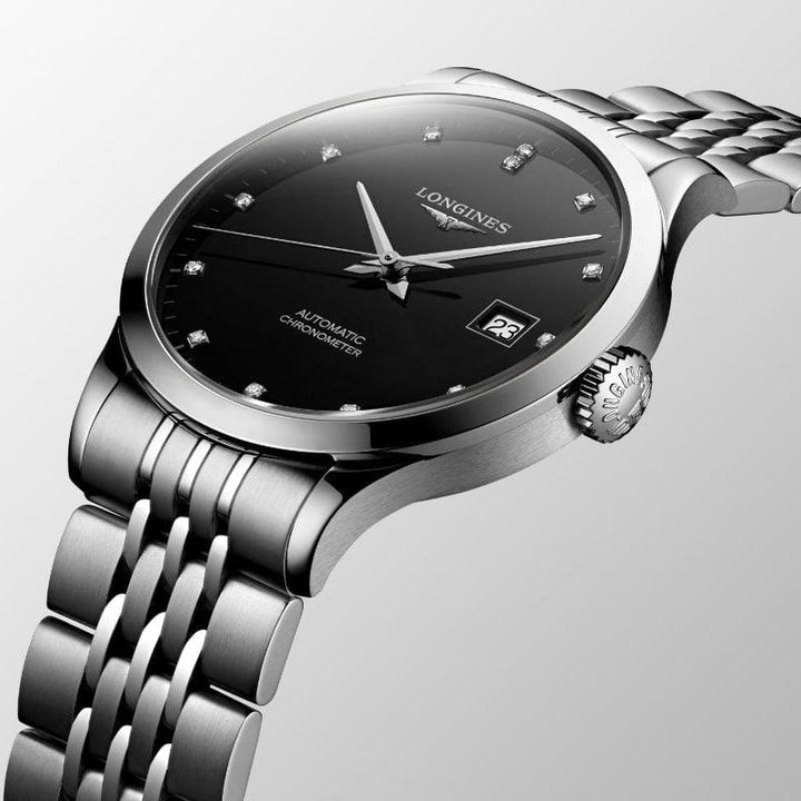 Longines orologio Record collection 40mm nero diamanti automatico COSC acciaio L2.821.4.57.6 - Capodagli 1937